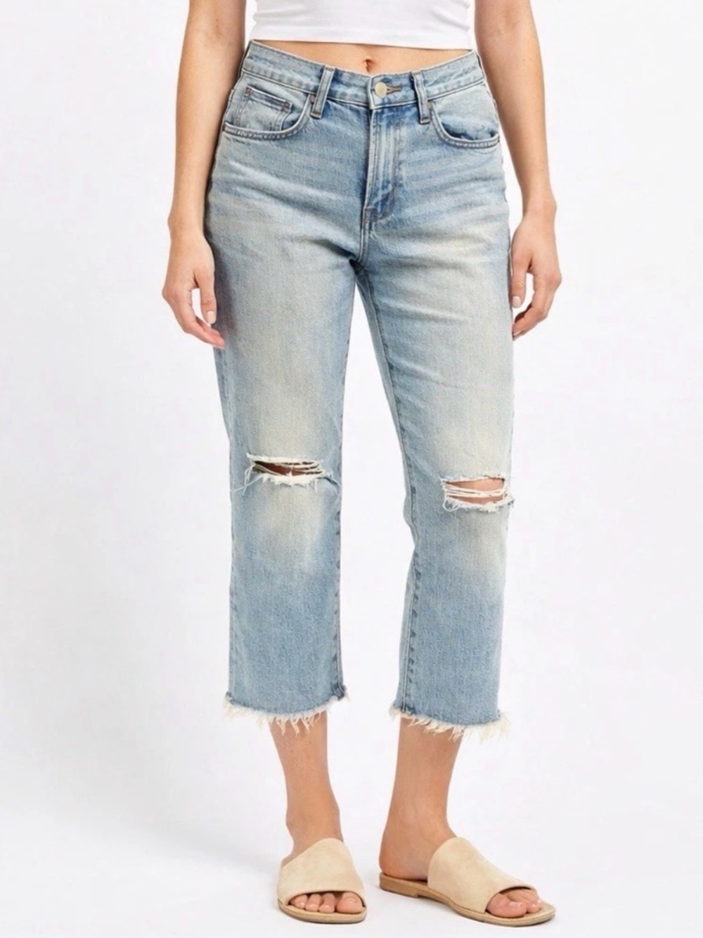 Flying Monkey Distressed Cropped‎ Jeans 29 | Raw Hem Light Wash Denim USA Made